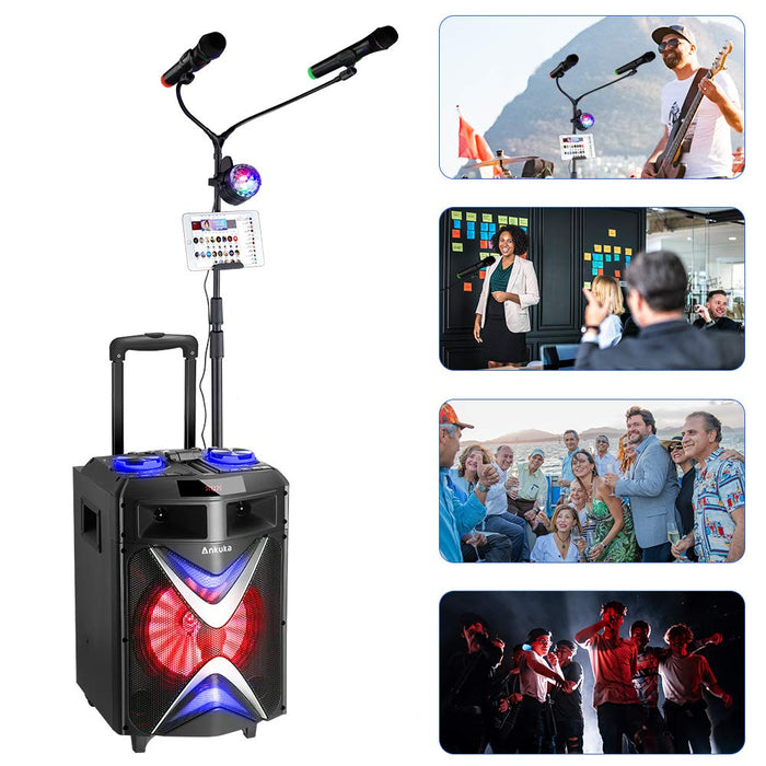 Ankuka Portable Karaoke Machine for Kids & Adults, Wireless Bluetooth PA Speaker System with USB Disco Lights, 2 Microphones and Adjustable Microphone Stand