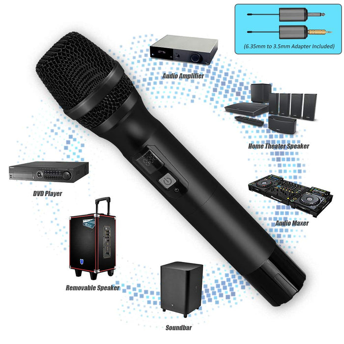 AK-W Wireless Karaoke Microphone, 25 Channel UHF Cordless Dynamic Microphone System with Portable Receiver 6.5mm Output & 3.5mm Output Adapter for House Parties, Karaoke, Business Meeting (Black)