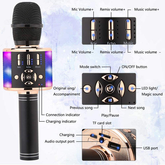 Ankuka Karaoke Microphone for Kids, Fun Toys for Girls and Boys, Portable Wireless 4 in 1 Bluetooth Karaoke Microphone with LED Lights, Gift Speaker Machine Christmas Birthday Smartphone(Black Gold)