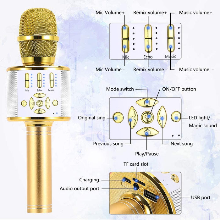 Ankuka Karaoke Microphone for Kids, Fun Toys for Girls and Boys, Portable Wireless 4 in 1 Bluetooth Karaoke Microphone with LED Lights, Gift Speaker Machine Christmas Birthday Smartphone (Light Gold)