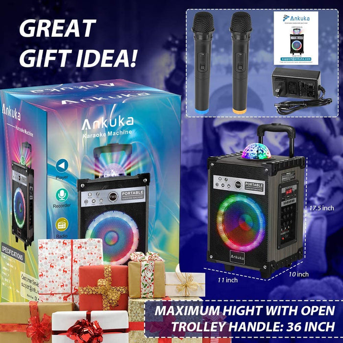 Karaoke Machine for Adults and Kids, Ankuka Bluetooth Portable PA Speaker System with Disco Lights, 2 Wireless Microphones for Christmas & Birthday Gift for Boy & Girls