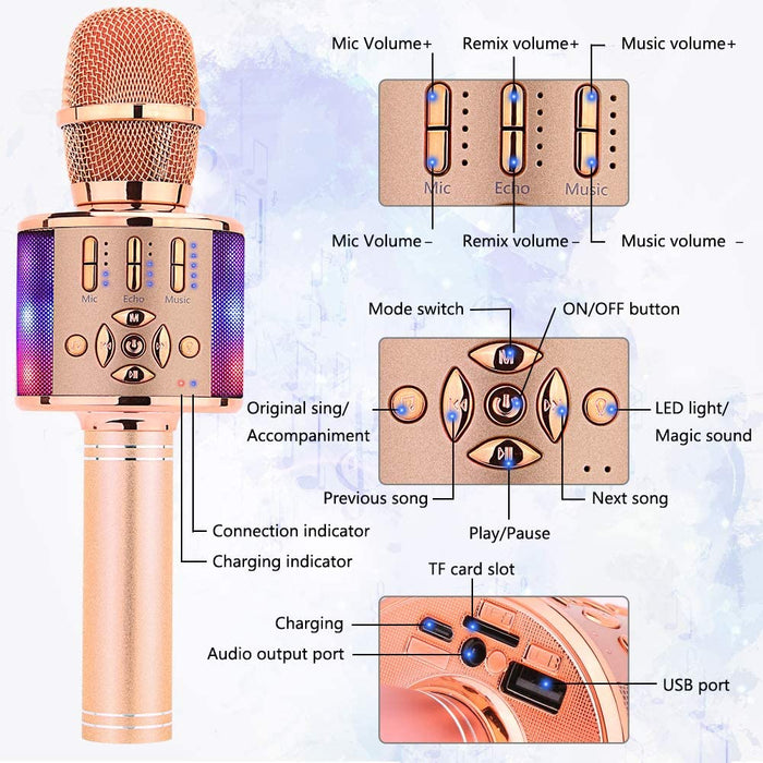BONAOK Bluetooth Wireless Karaoke Microphone with LED Lights,4-in-1  Portable Handheld Mic with Speaker Karaoke Player for Singing Home Party  Toys