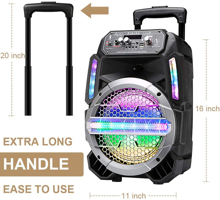 Ankuka Bluetooth Karaoke Machine for Kids and Adults with Colorful LED Lights, Wireless PA Speaker Sound System with 8'' Subwoofers and Wired Microphone for Party, Singing