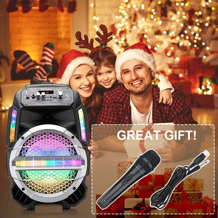 Ankuka Bluetooth Karaoke Machine for Kids and Adults with Colorful LED Lights, Wireless PA Speaker Sound System with 8'' Subwoofers and Wired Microphone for Party, Singing