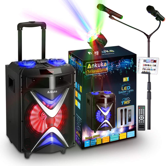 Ankuka Portable Karaoke Machine for Kids & Adults, Wireless Bluetooth PA Speaker System with USB Disco Lights, 2 Microphones and Adjustable Microphone Stand