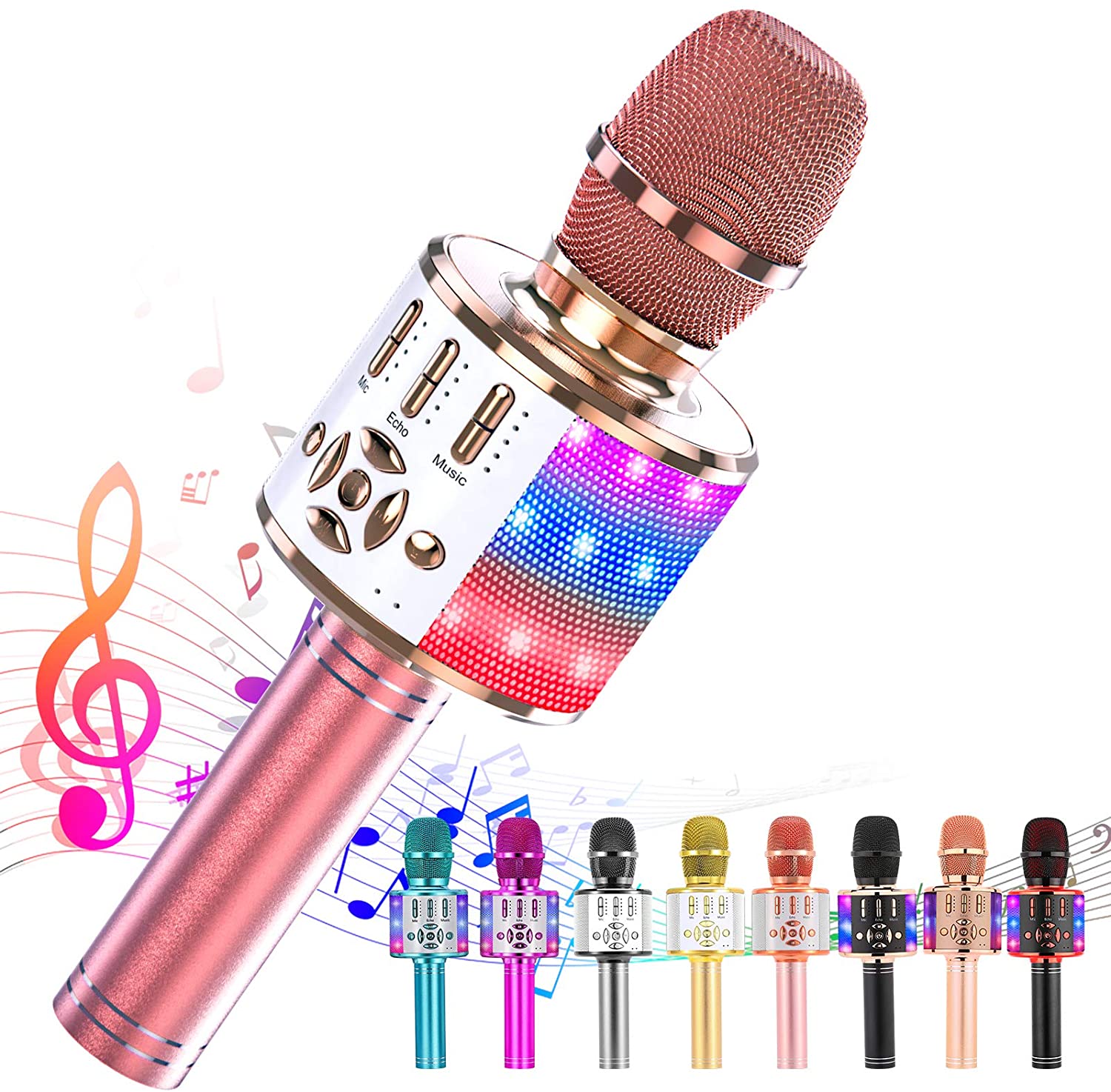 Ankuka Karaoke Microphone for Kids, Fun Toys for Girls and Boys, Portable Wireless 4 in 1 Bluetooth Karaoke Microphone with LED Lights, Gift Speaker Machine Christmas Birthday Smartphone(Rose Gold)