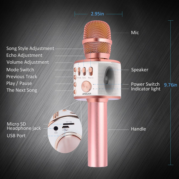 Ankuka Bluetooth Karaoke Microphone, 3 in 1 Multi-Function Handheld Wireless Karaoke Machine for Kids, Portable Mic Speaker Home, Party Singing Compatible with iPhone/Android/PC (Rose Gold)